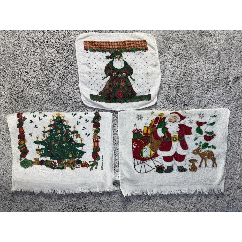 3 Vintage Christmas Cotton Kitchen Towels Fringe Santa Reindeer Tree‎ Cannon B&D